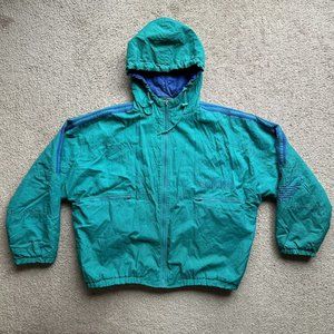 Adidas Jacket Mens XL Full Zip Vtg Hooded Windbreaker Trefoil Big Logo Teal